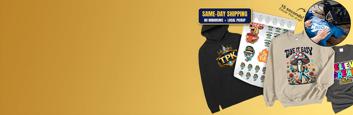 Custom DTF transfers and gang sheets pressed on hoodies and sweatshirts – same-day shipping, no minimums, local pickup