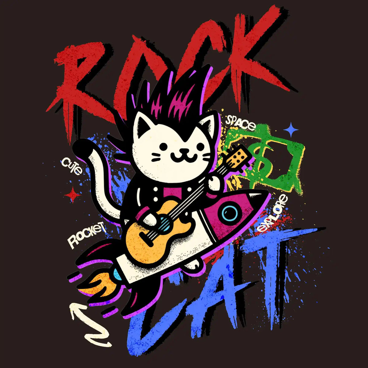 Rock Cat Guitar Graffiti DTF Transfer