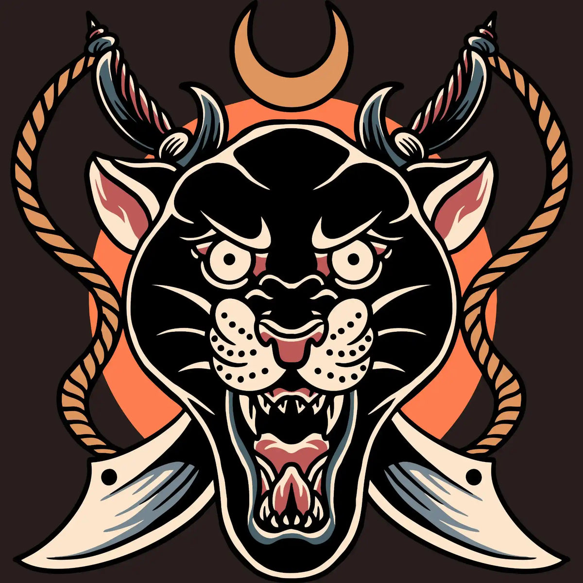 Black Panther Head Crescent Moon Tattoo DTF Transfer