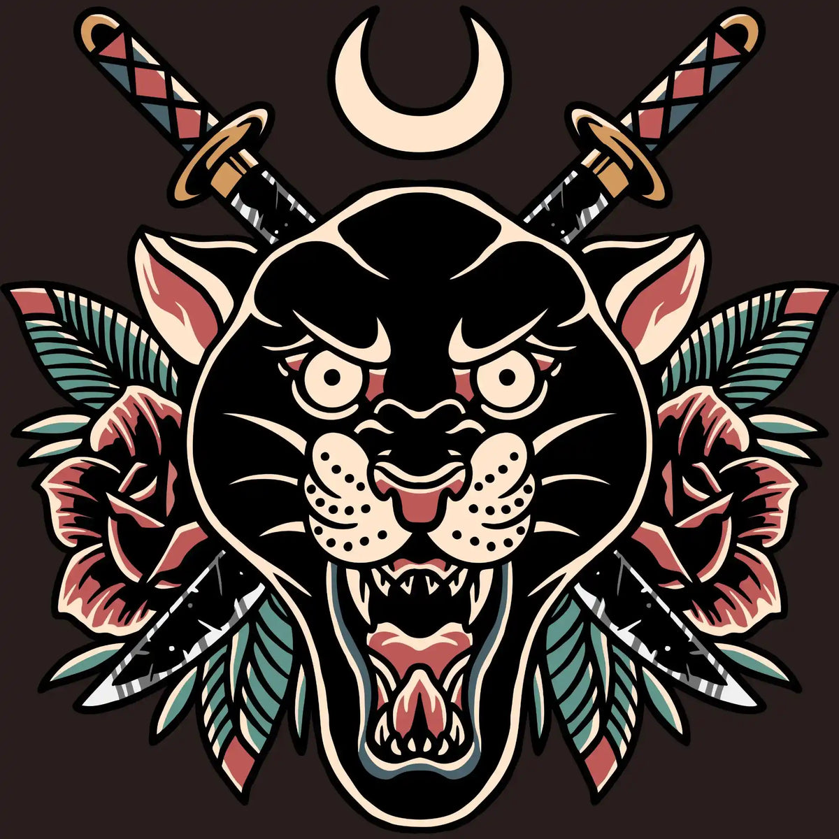 Panther Head Crossed Daggers Tattoo DTF Transfer