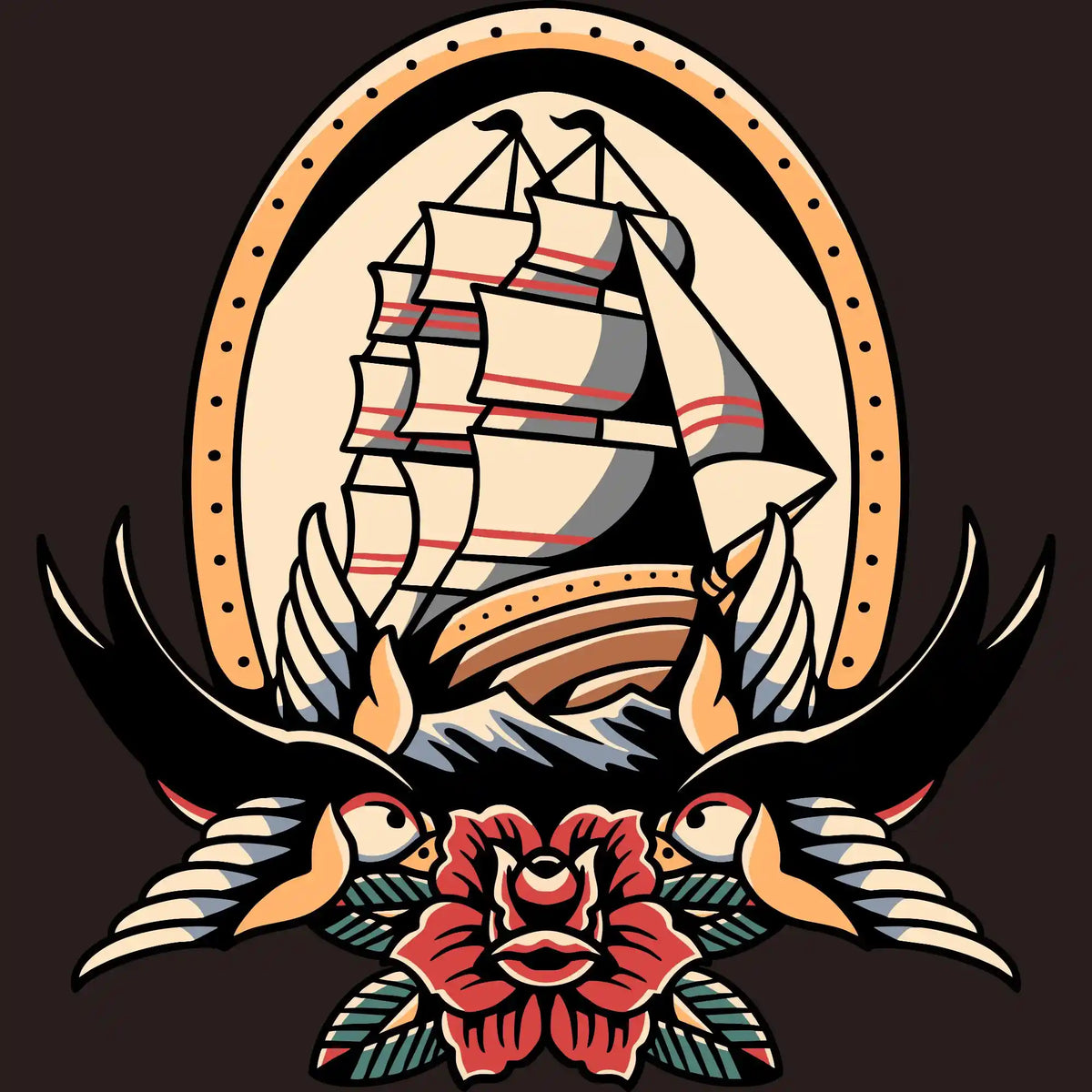 Tall Ship & Roses Traditional Tattoo DTF Transfer